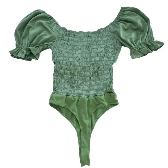 Miss Lola- Sage Green Satin Fairy Boho Ballet Ruffle Bodysuit, Size Small - Picture 6 of 12